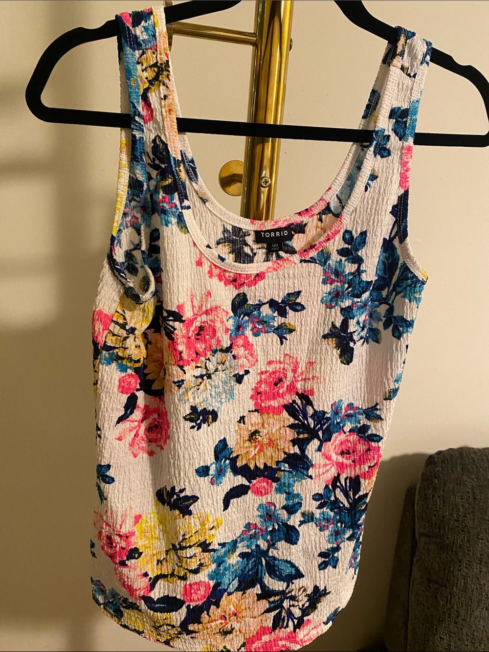 torrid White Floral Ribbed Tank with Pink, Blue & Yellow Blooms
